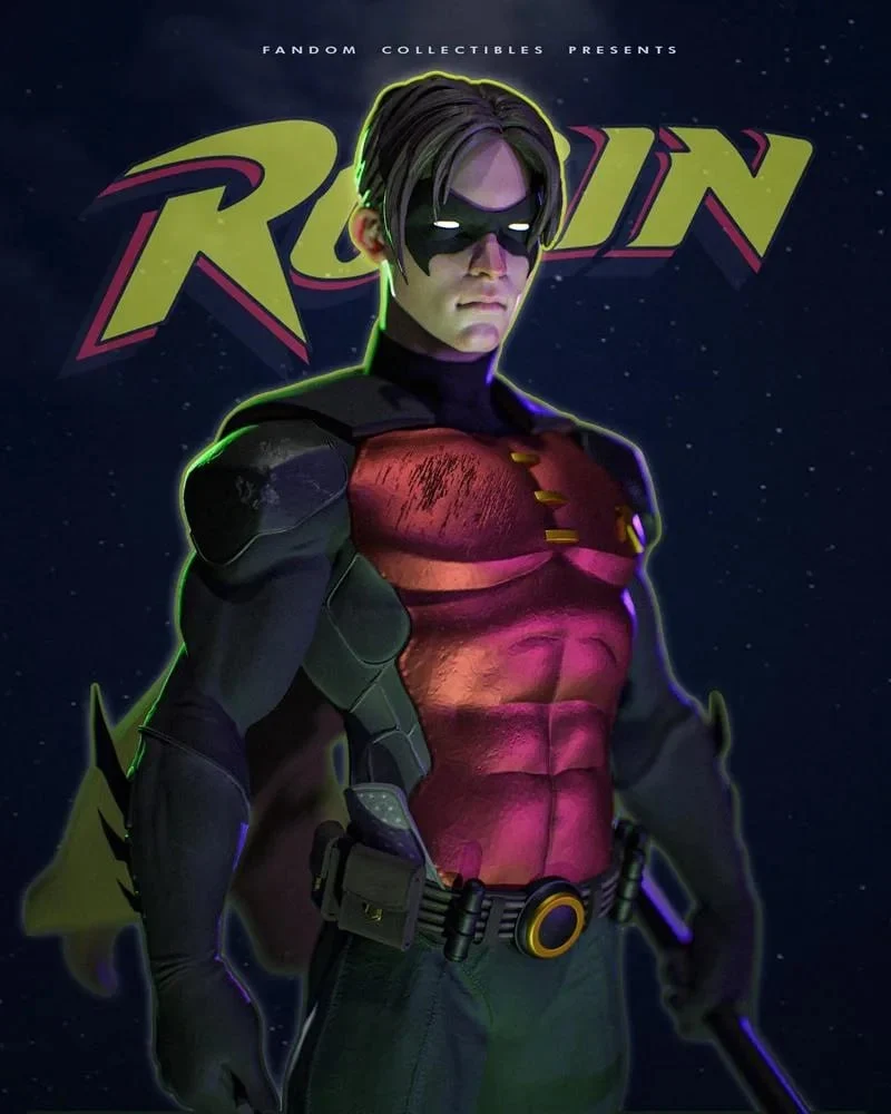 Tim Drake as Robin wearing a black mask and red armored costume
