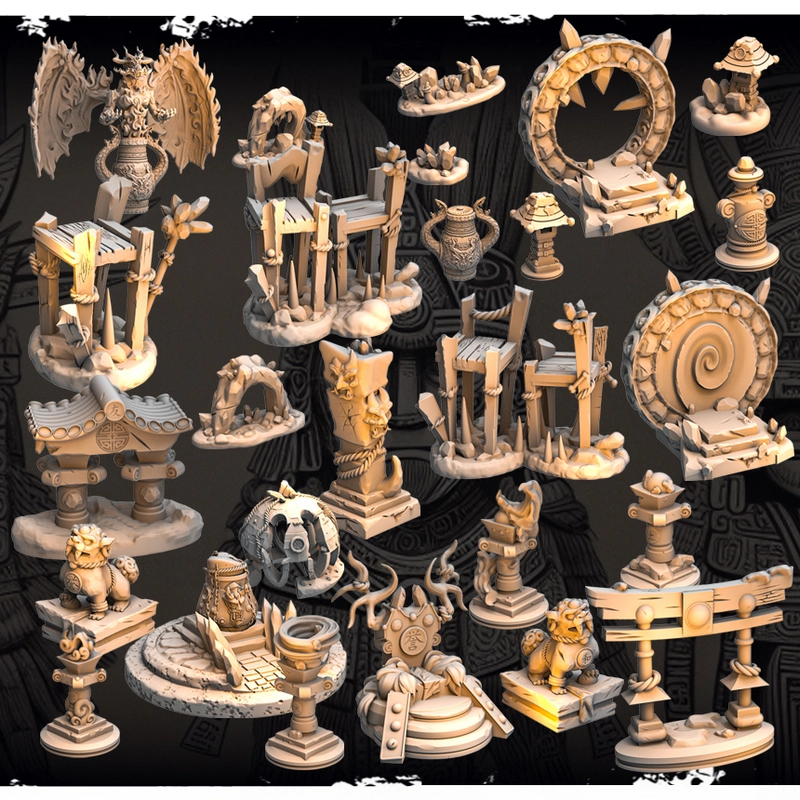 Fantasy tabletop prop collection with arches, altars, pedestals, crystals and miniature scenery