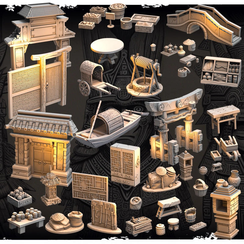 Fantasy tabletop scenery pack with buildings, carts, boats, bridges, and market props