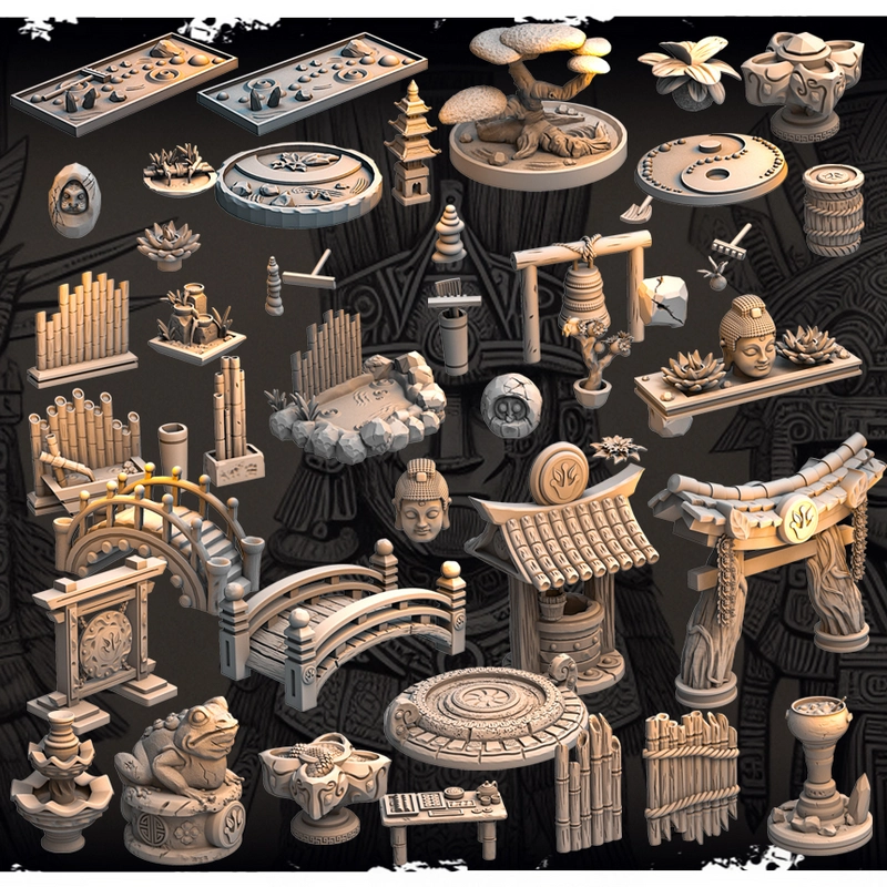 Fantasy Pack 4 collection of bridges, pagodas, bamboo props, masks, shrines, and fantasy scenery