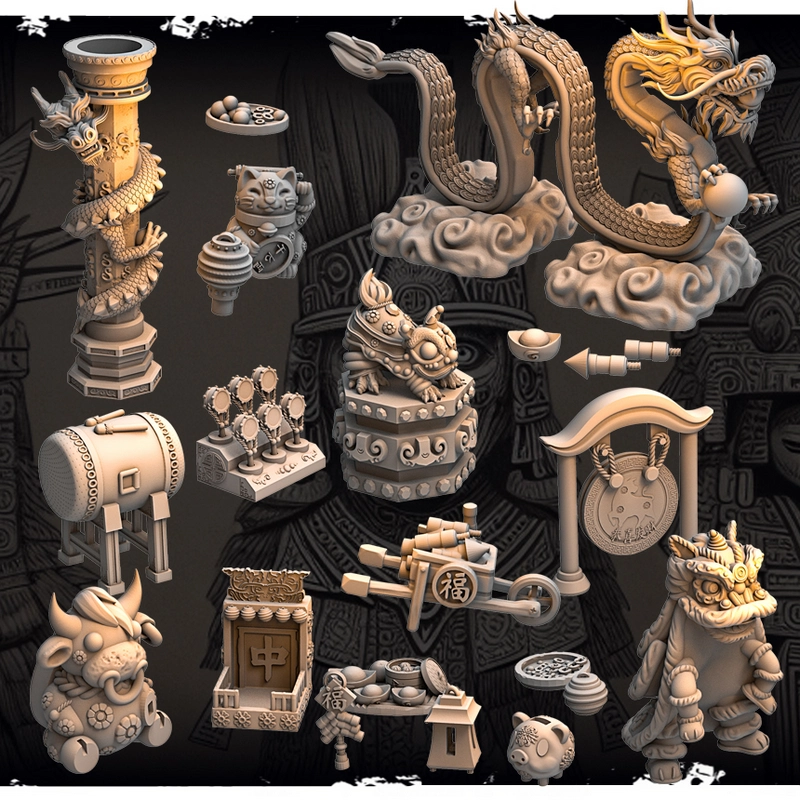 Fantasy STL prop collection with dragons, guardian statues, shrines, drums, and tabletop accessories