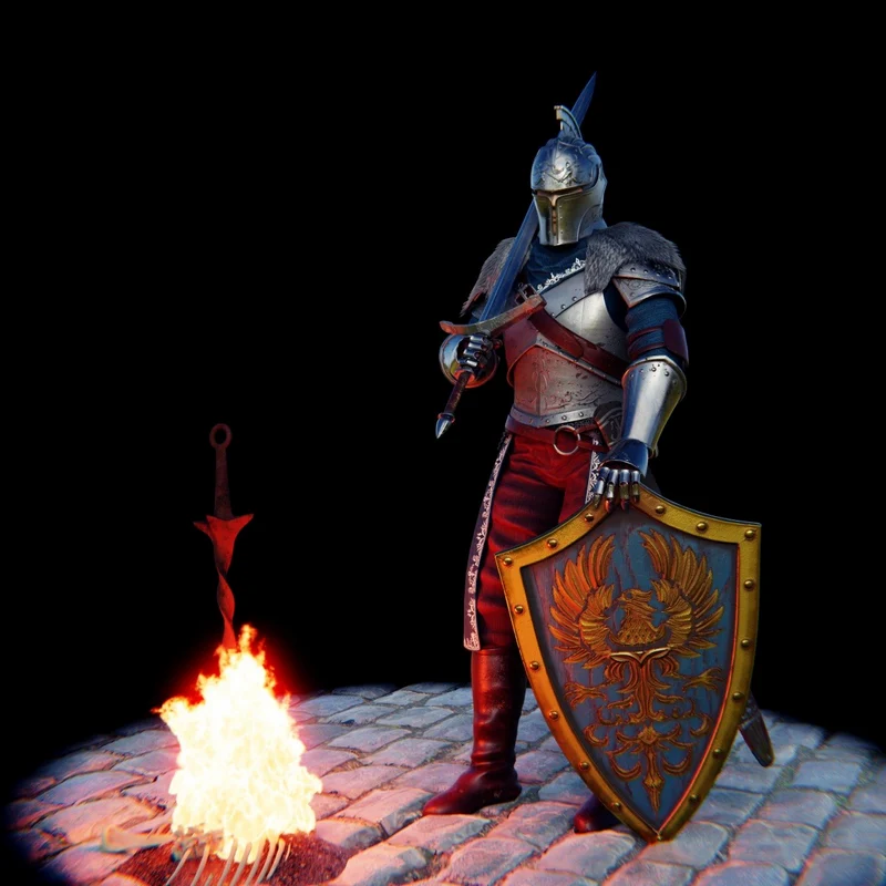 Faraam Knight in ornate armor holding a sword and decorated shield