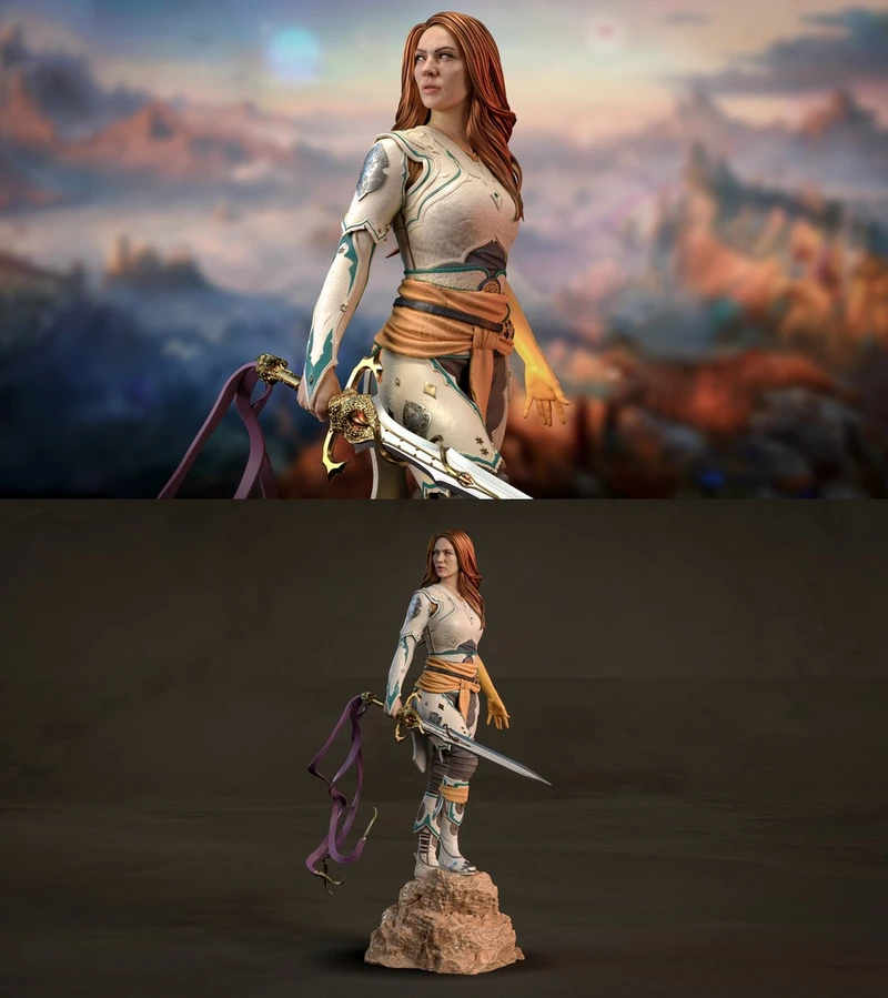 Faye God of War character figure with sword, bow and rocky base