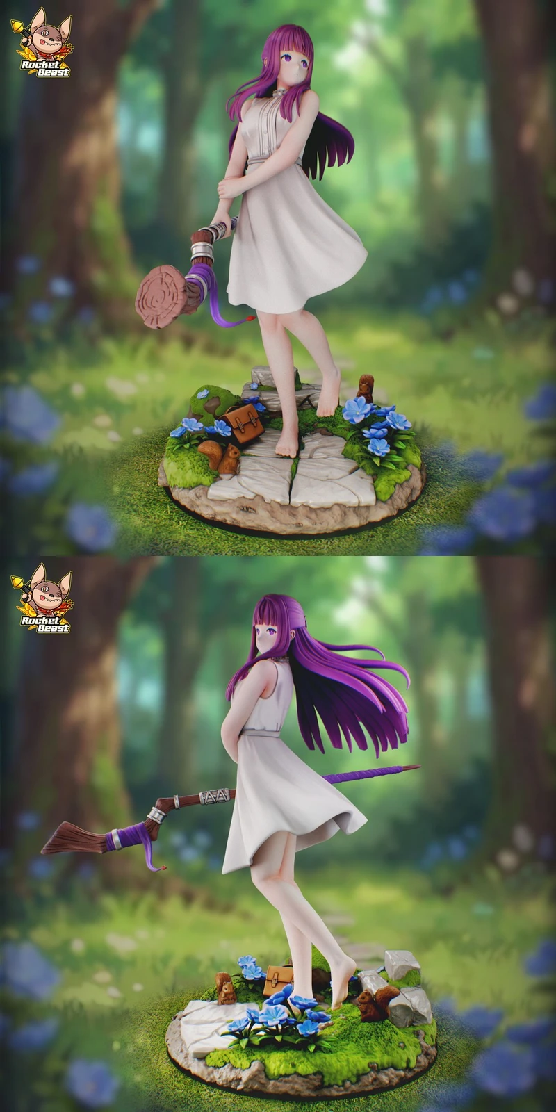 Fern from Frieren holding a broom on a flower-filled woodland base