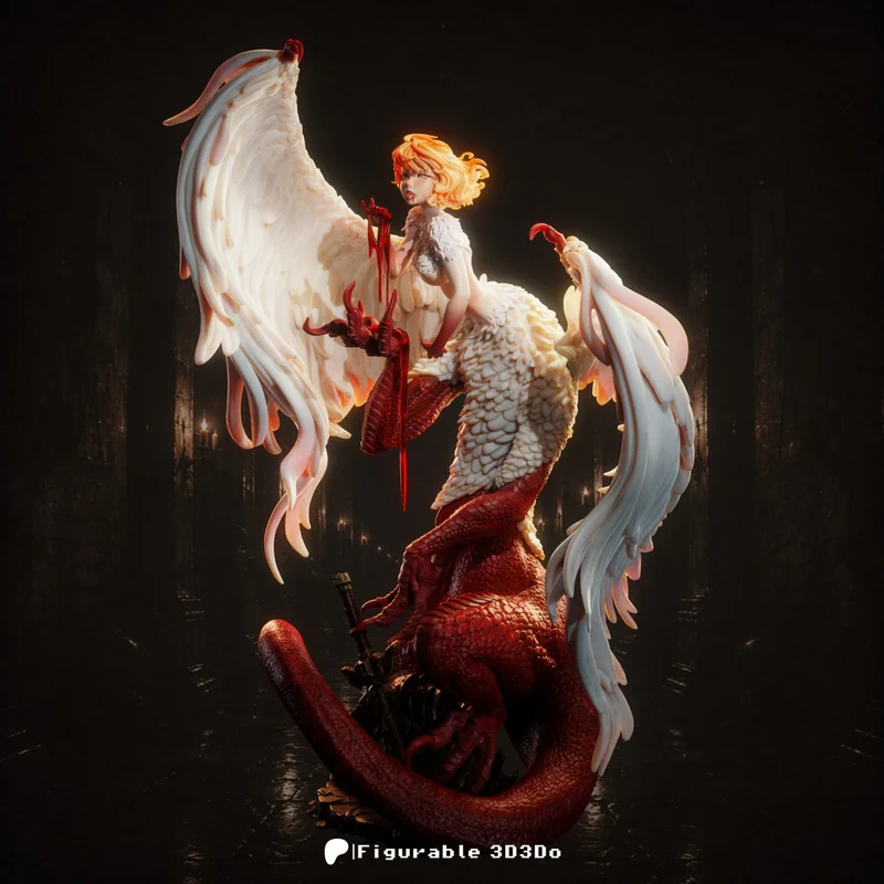Falin Touden chimera figure with pale wings and a red scaled serpentine body