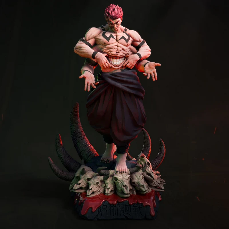 Ryomen Sukuna four-armed statue on a horned skull-covered base
