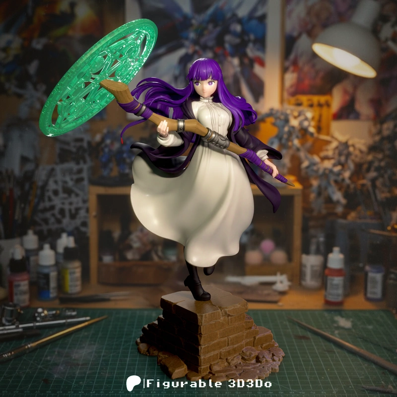 Fern from Frieren with purple hair, white dress, staff, and green magical circle