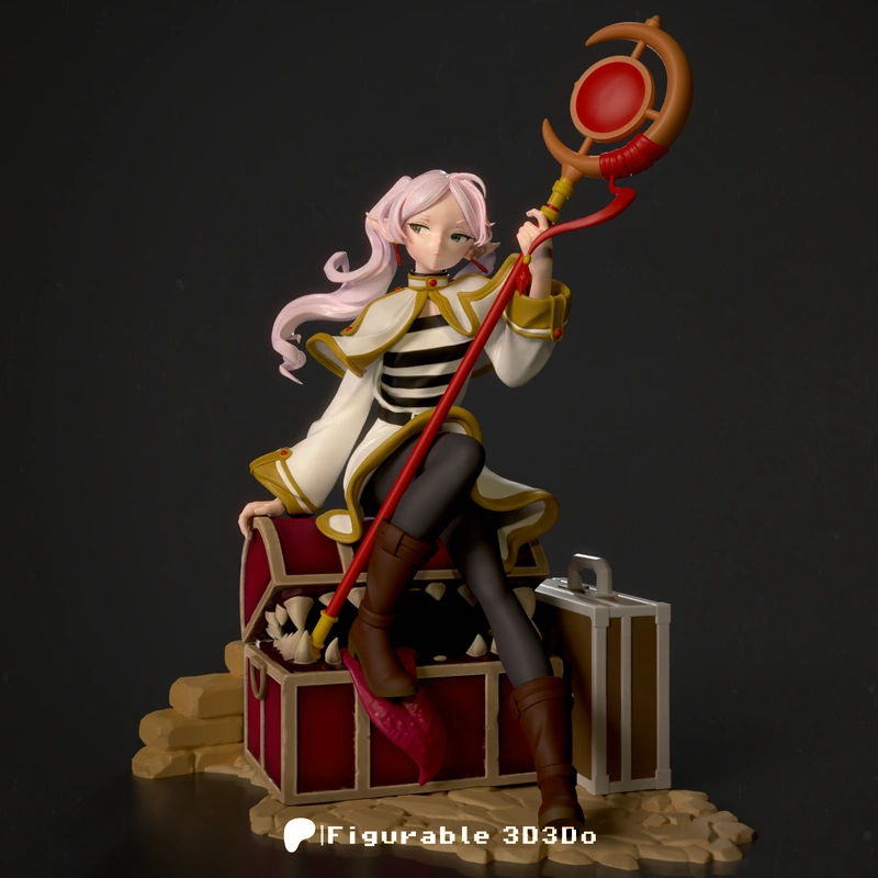 Seated pink-haired anime mage with a ringed staff and travel chest