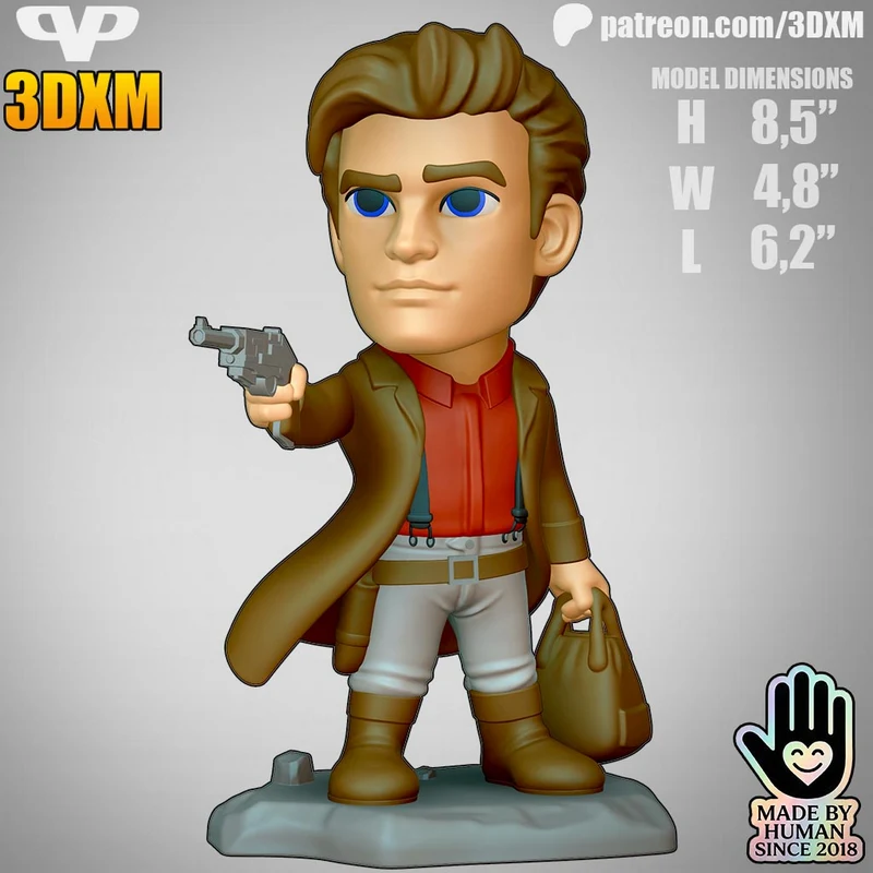 Chibi Malcolm Reynolds Firefly figure with pistol, coat, travel bag, and base