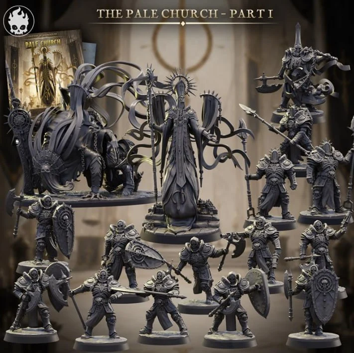 The Pale Church dark fantasy miniatures with armored warriors and a central ornate figure