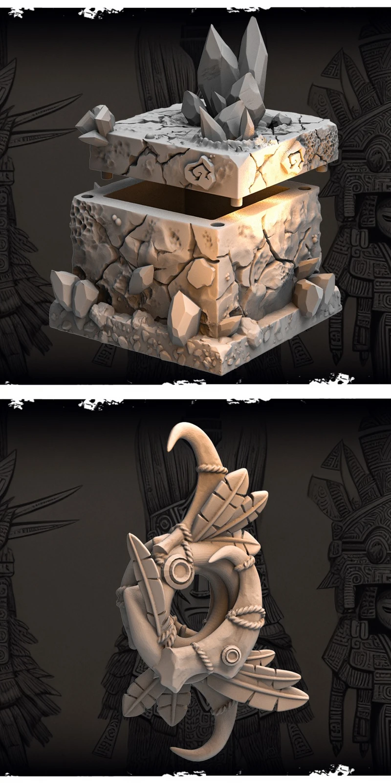 Fantasy tabletop props with a crystal-studded stone pedestal and ornate ring portal