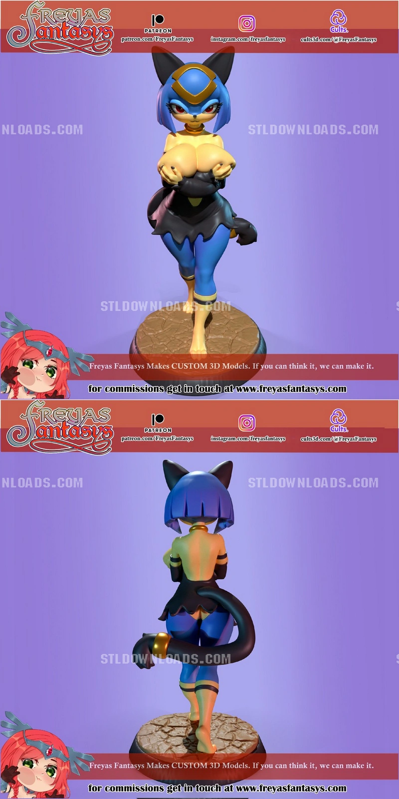 Sekhmet from Palworld, a blue-haired feline humanoid statue with a curled tail