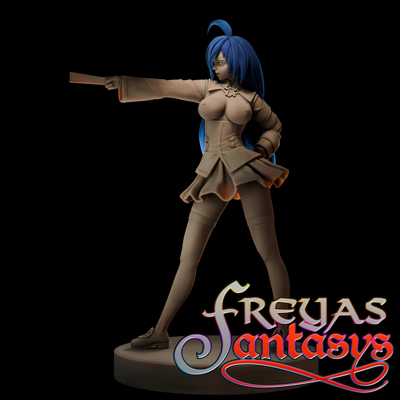 Blue-haired female fantasy character figure on a round base with one arm extended