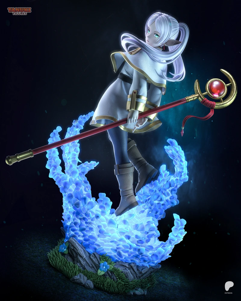 Frieren elven mage figure with staff on a glowing blue fantasy base