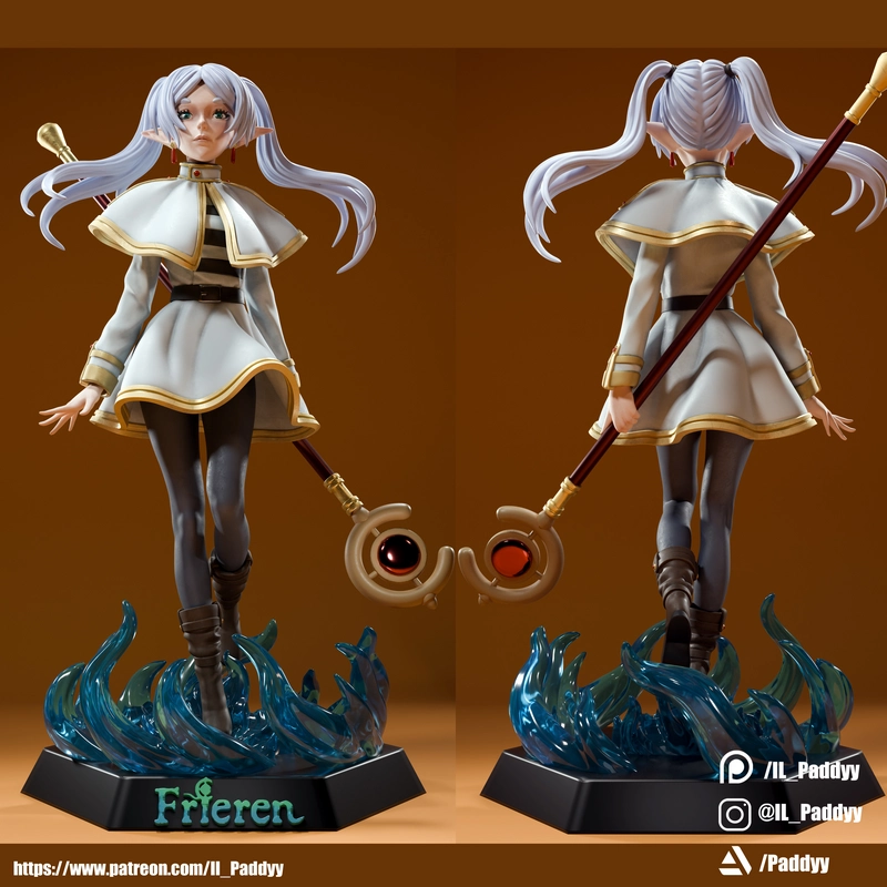 Frieren elf mage statue with staff and blue wave base