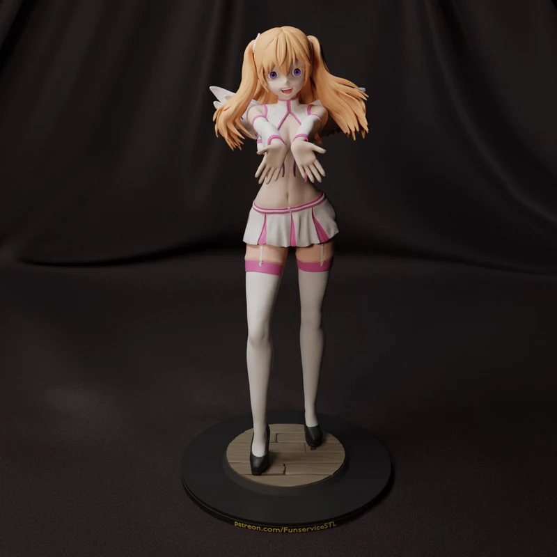 Ririsa Amano anime figurine with twin-tailed hair, pink outfit, and circular display base