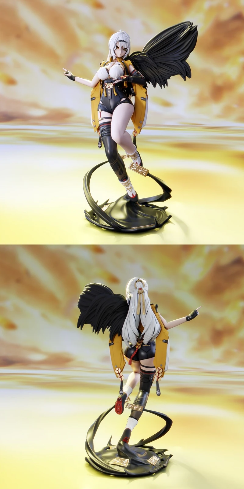 Yixuan Zenless Zone Zero 3D model with white hair, black wings, yellow coat, and sculpted display base
