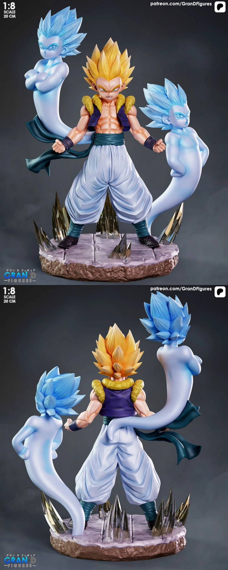 Gotenks Dragon Ball statue with spiky blond hair, blue spectral forms, and a rocky display base