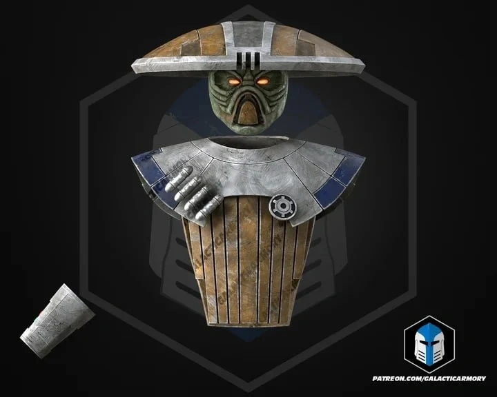 Embo from Star Wars shown as an armored bust with a broad helmet