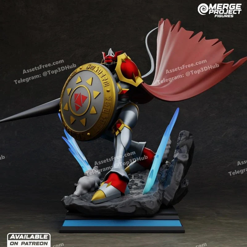 Gallantmon Digimon armored figure with shield, lance, cape, and rocky base