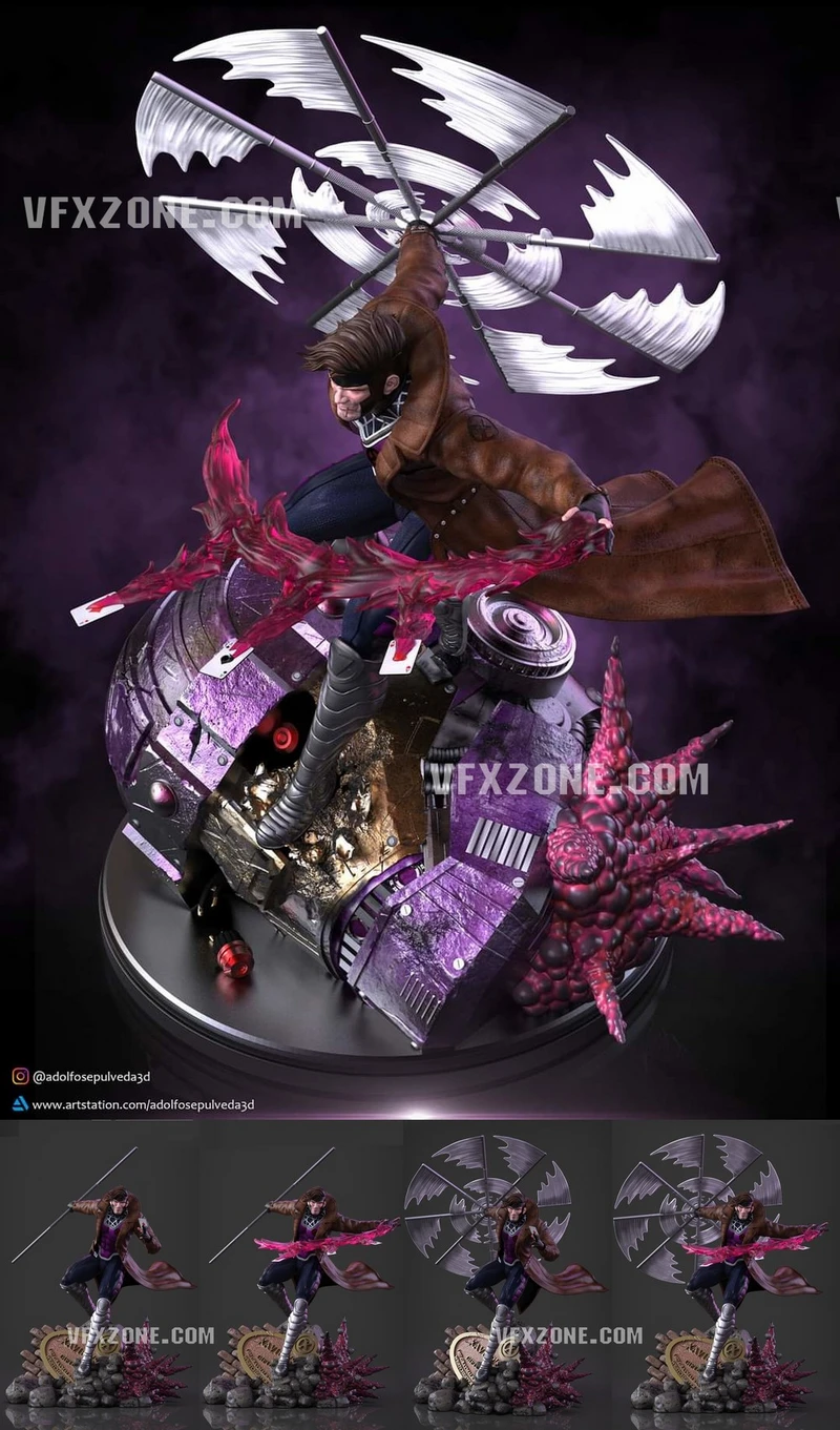 Marvel Gambit statue with playing cards, staff, pink energy, and mechanical display base