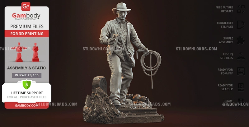 Indiana Jones statue 3D model with fedora, coiled whip, and rocky base