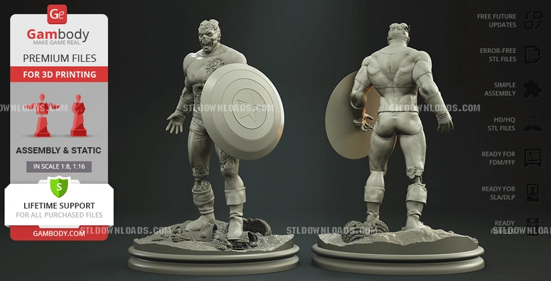 Colonel America Marvel Zombies 3D model with shield on a round base