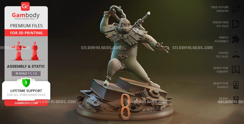 Stylized alien-like character statue with layered armor on a rock-and-machinery base