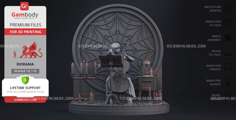 Wednesday Addams playing cello in a gothic spiderweb diorama
