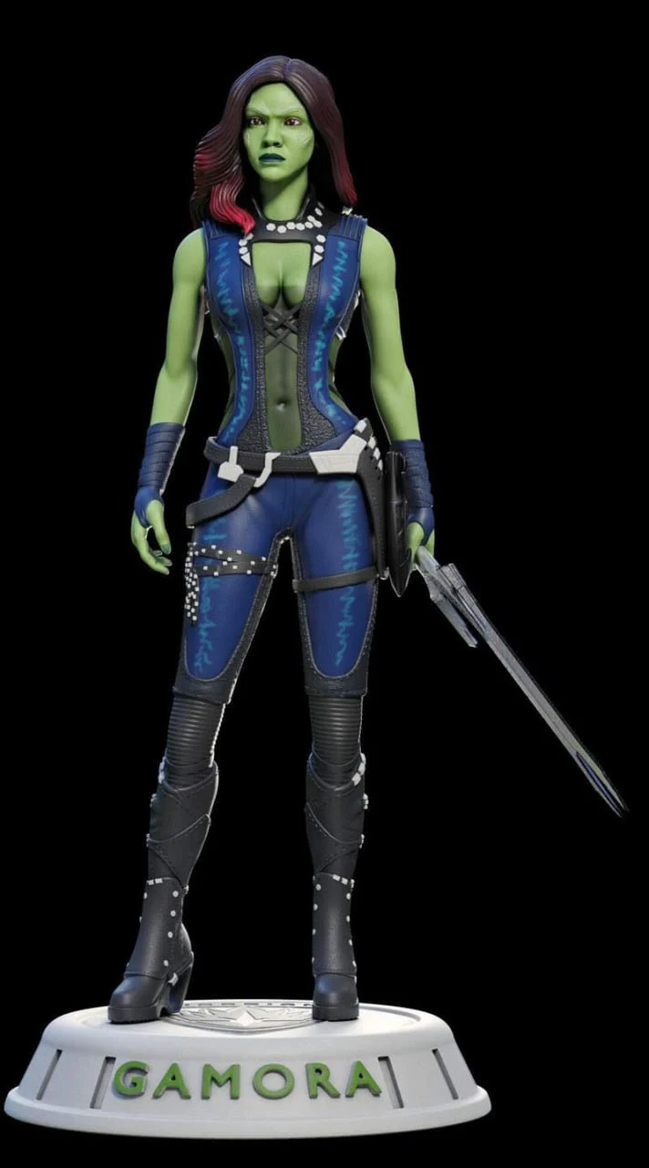 Gamora Marvel 3D statue with green skin, blue outfit, sword, and display base