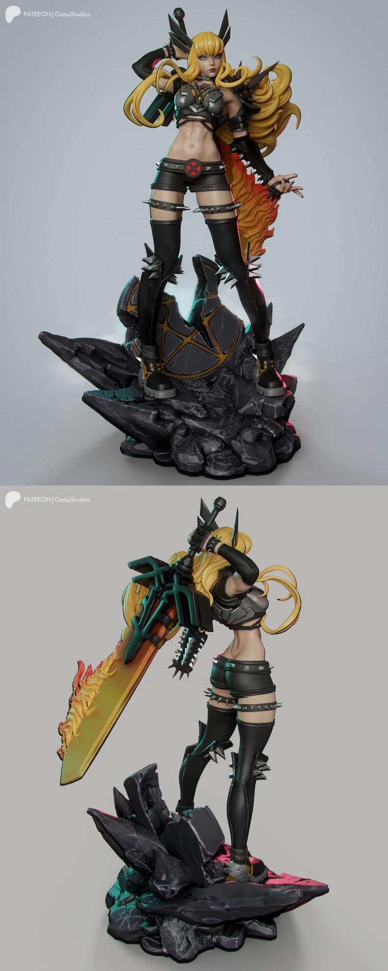 Magik Marvel statue with oversized sword, black armor, blonde hair, and jagged rocky base