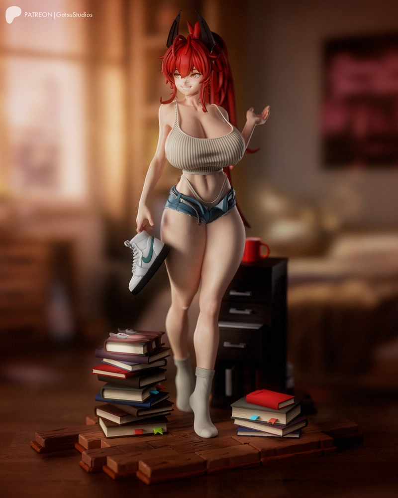 Red Hood from Goddess of Victory: Nikke as a red-haired horned figurine