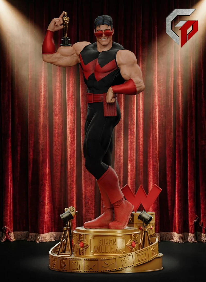 Wonder Man Marvel character statue in a red-and-black suit on a theatrical award base