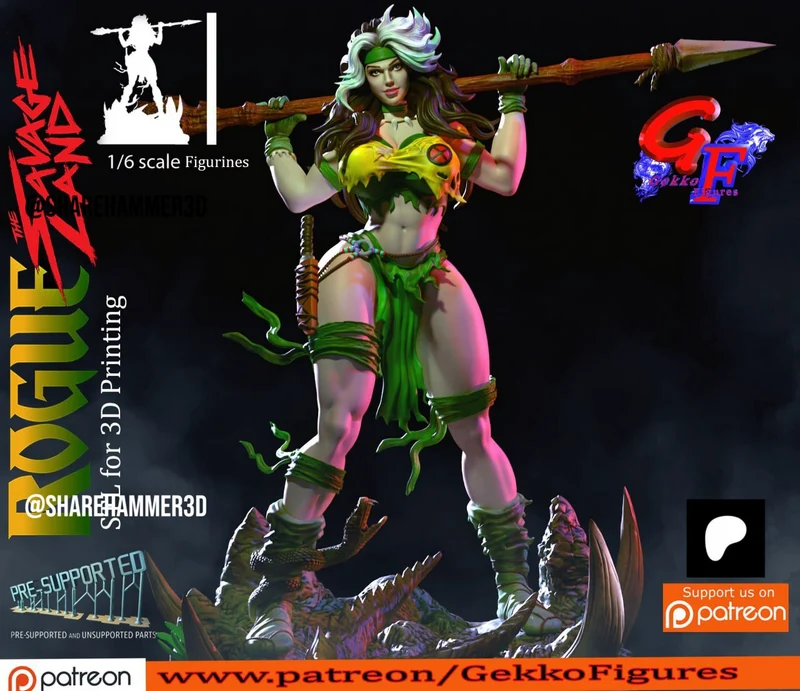 Marvel Rogue character figure with white-green hair, staff and sword