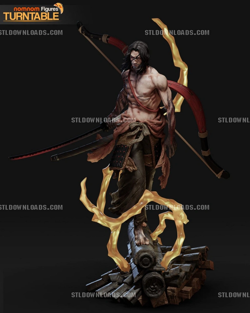 Genichiro Ashina Sekiro statue with bow, sword, and golden sculpted effects