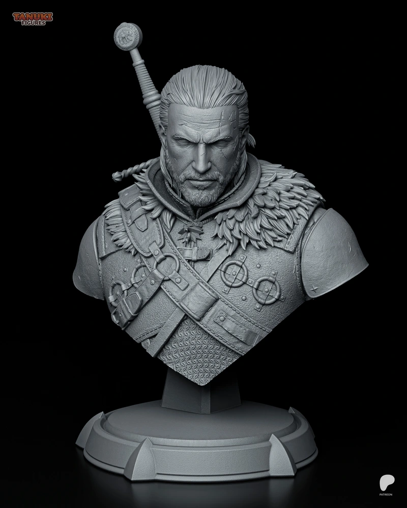 Geralt of Rivia Witcher character bust with armor, fur collar, sword, and display base