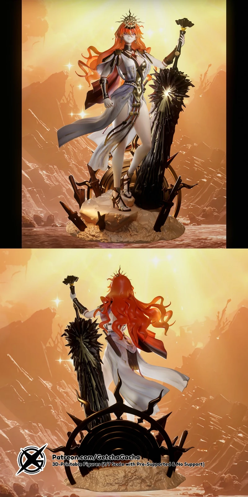 Augusta Wuthering Waves 3D figure with red hair, staff and rocky base