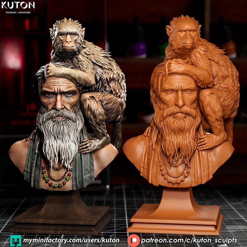 Girish and Bandar bust with a bearded man and monkey companion
