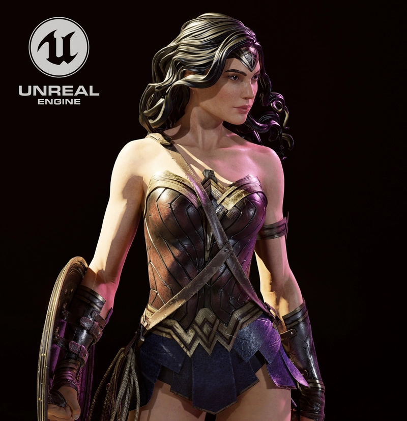 Wonder Woman 3D character model with tiara, armor, sword, shield, and bracers
