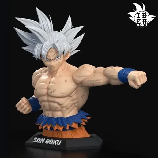 Son Goku Ultra Instinct bust with silver hair on a labeled display base