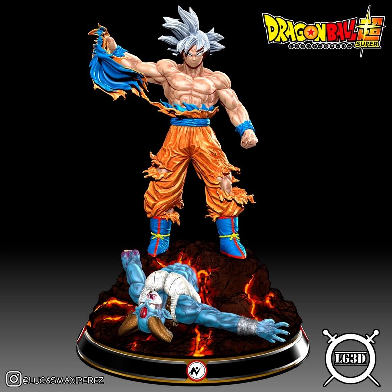 Goku Ultra Instinct standing over Moro on a glowing volcanic diorama base