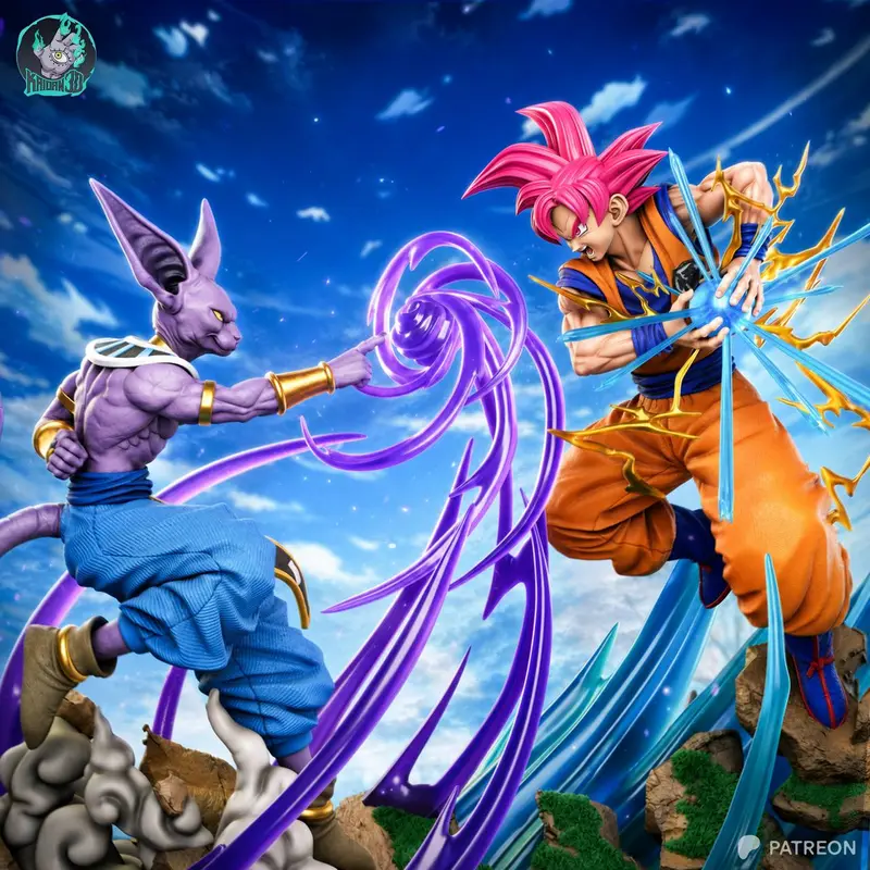 Goku and Beerus Dragon Ball battle diorama with colorful energy effects