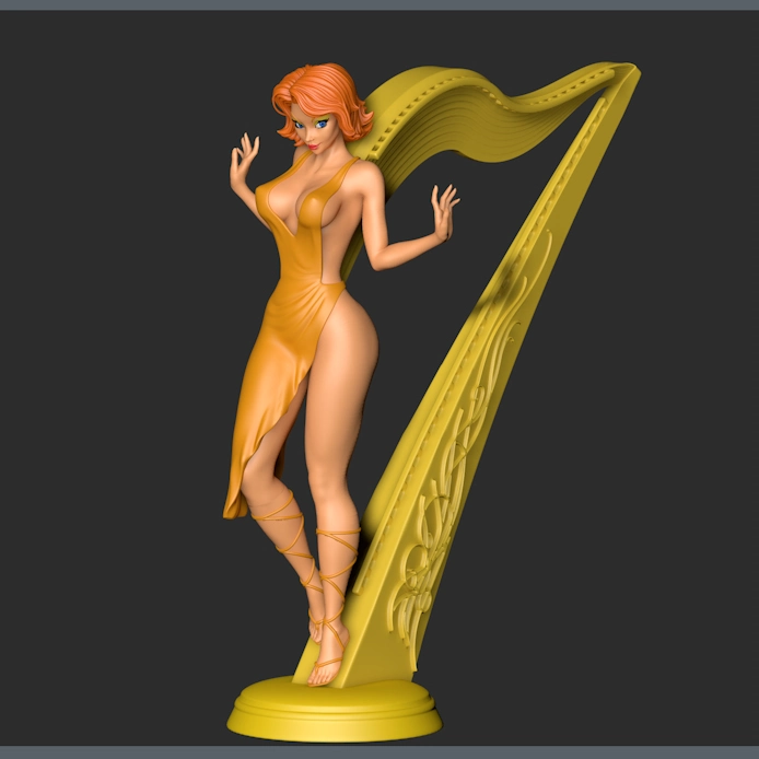 Fantasy woman standing beside an ornate golden harp on a pedestal