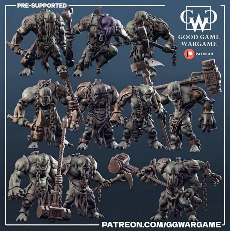 Fantasy wargame creature miniatures with chains, braided beards, axes, hammers, and armor