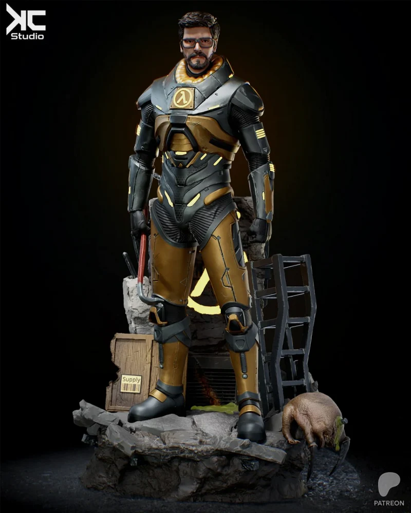 Gordon Freeman in HEV armor with a crowbar, headcrab, and display base