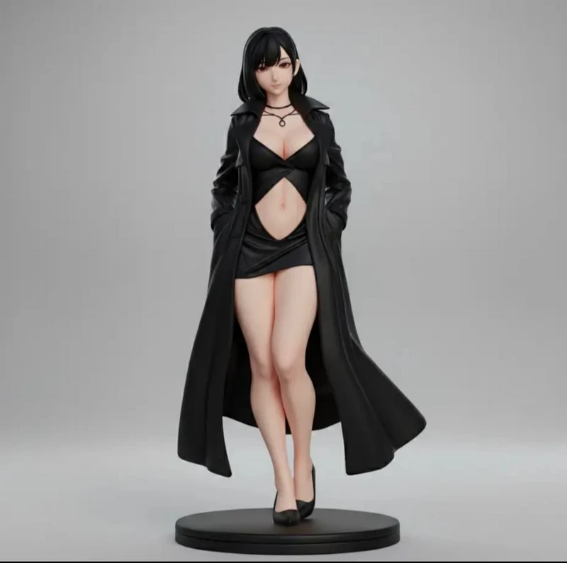 Gothic girl original character figurine in a black coat on a round base