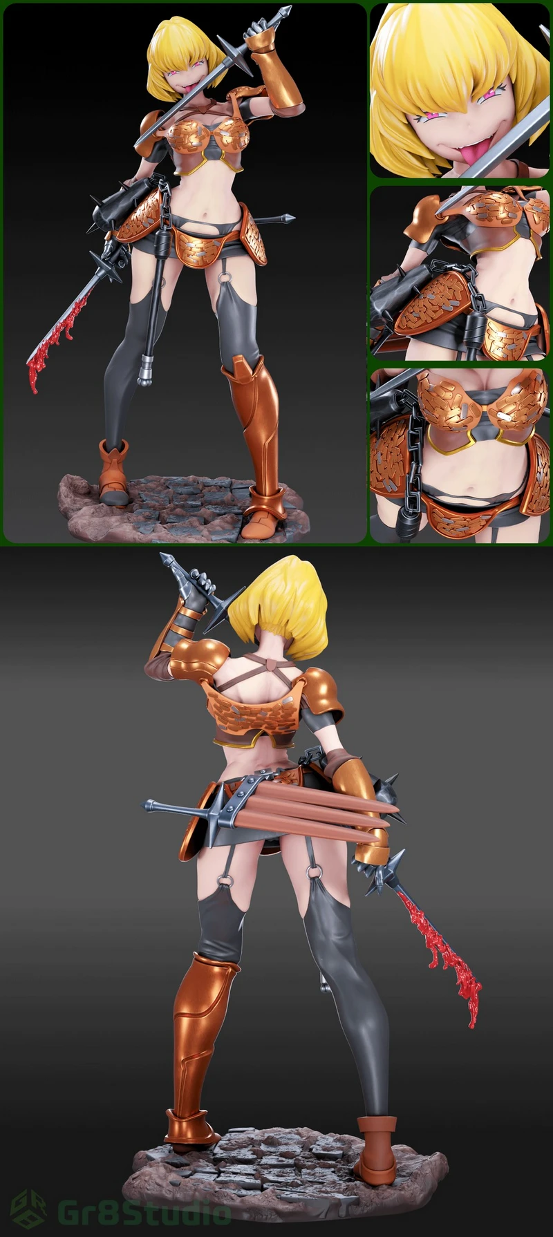 Clementine from Overlord in bronze armor holding a sword on a rocky base