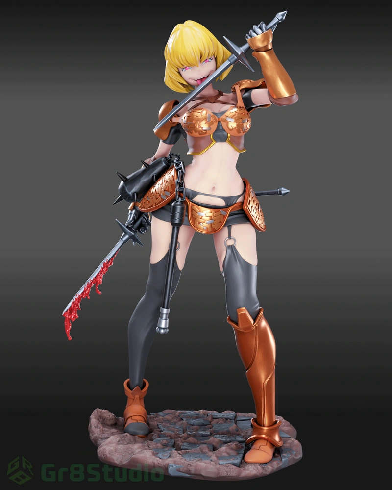 Clementine from Overlord in bronze armor with weapons on a stone base