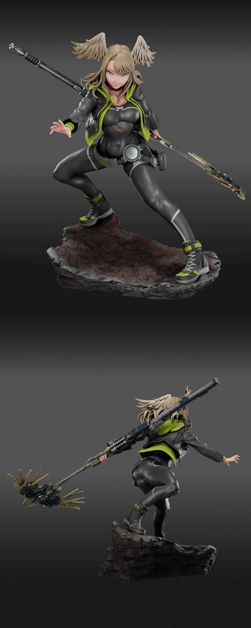Eunie from Xenoblade Chronicles 3 with a large weapon on a rocky base