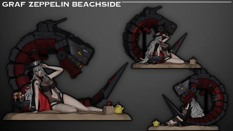 Graf Zeppelin Azur Lane figure reclining with red-and-black naval rigging on a beach base